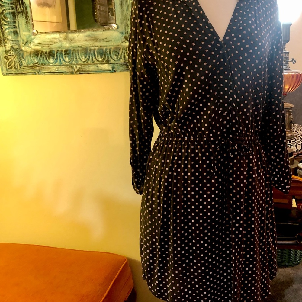 LOFT Charcoal gray w/pink boxes drawstring dress